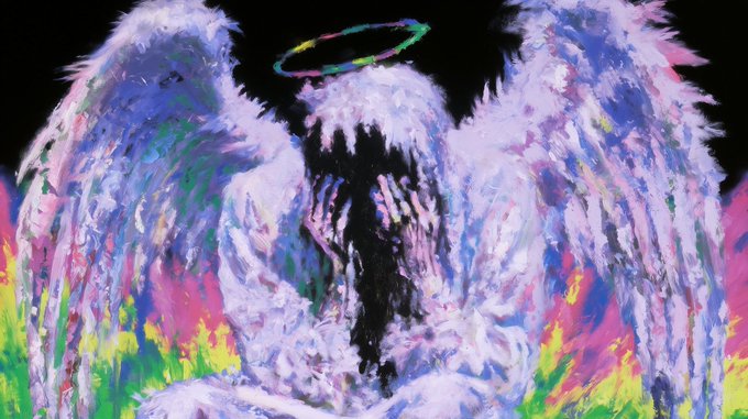 A vibrant, glitch-art style illustration of a white, feathered angelic figure with a colorful rainbow halo, set against a black background with neon colors.