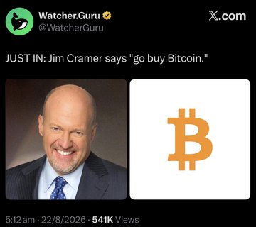 This image shows a post from Watcher.Guru on X.com with the headline "JUST IN: Jim Cramer says 'go buy Bitcoin.'" and features images of Jim Cramer and the Bitcoin logo, directly relating to the accompanying post about a "post from Pool."