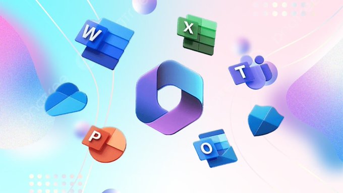 A vibrant promotional graphic featuring Microsoft 365 app icons (Word, Excel, PowerPoint, Teams, OneDrive, OneNote, Outlook) floating around the central Microsoft 365 logo against a pastel blue, pink, and purple gradient background.