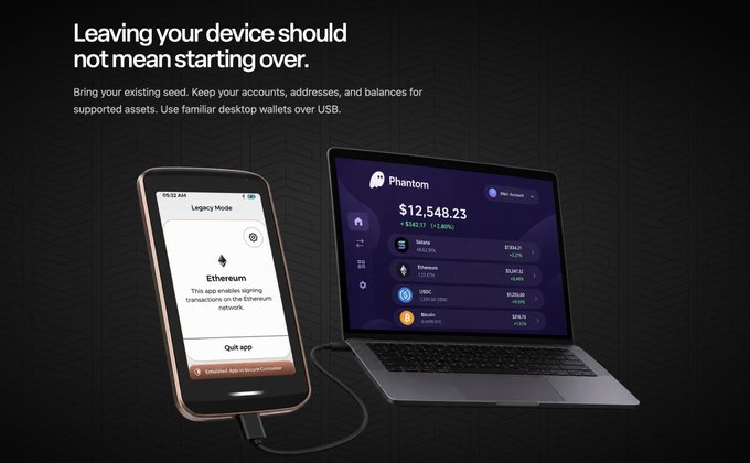 Phantom wallet promotional image showing a phone connected via USB to a laptop displaying a balance of $12,548.23, with text 'Leaving your device should not mean starting over' about Legacy Mode for Ethereum.