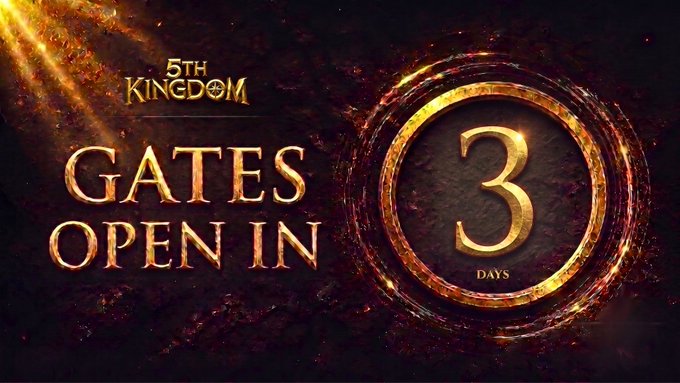The image is a promotional countdown banner for "5th Kingdom" announcing "GATES OPEN IN 3 DAYS" in ornate gold text against a fiery, molten background with a glowing circular portal design. It visually reinforces the post's message about early entry and building a position within the Kingdom, as the "Founding Citizen" concept aligns with timing one's entry before the gates officially open.