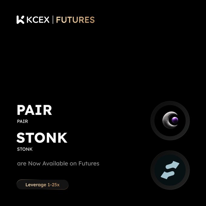 A promotional graphic for KCEX FUTURES announcing that the cryptocurrency pairs PAIR/PAIR and STONK/STONK are now available for futures trading with 1-25x leverage, displayed on a black background with corresponding coin logos.