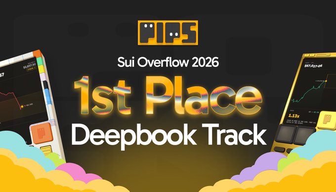 A promotional graphic announcing '1st Place Deepbook Track' at 'Sui Overflow 2026', displayed in gold 3D text against a dark background with colorful clouds and mobile phone interfaces showing financial charts.