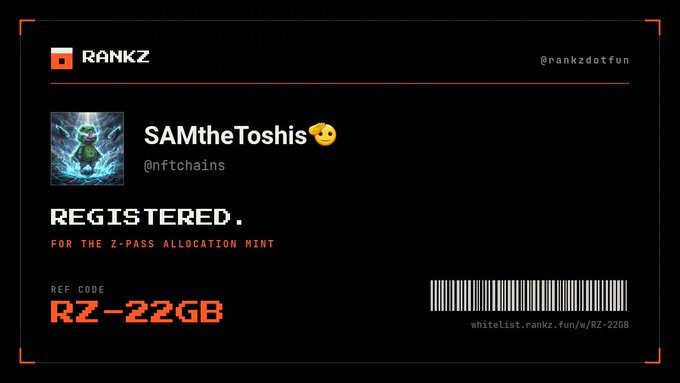 A digital receipt-style graphic from RANKZ for a Z-Pass allocation mint registered to user SAMtheToshis, showing reference code RZ-22GB.