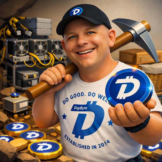 An illustrated man wearing a DigiByte cap and 'DO GOOD. DO WELL' DigiByte t-shirt (Established 2014) holds a pickaxe and a DGB coin, with mining hardware in the background.