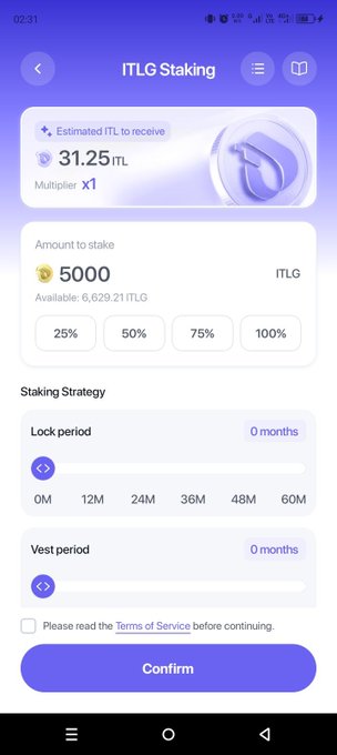 A mobile screenshot of an "ITLG Staking" interface showing an estimated return of 31.25 ITL, a staking amount of 5000 ITLG, and sliders for lock and vest periods.