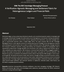 The image shows the cover page of a research paper titled "XDC The XDC Interledger Messaging Protocol: A Verification-Agnostic Messaging and Settlement Fabric for Heterogeneous Ledgers and Financial Systems," authored by Atul Khekade and Shaan Sardana, presented at IEDM 2024. The cover features blue and red blockchain-themed graphics and connects to the post by highlighting the XDC token ($XDC) as the focus of the research, alongside other blockchain interoperability projects like Quant ($QNT) and Chainlink ($LINK).