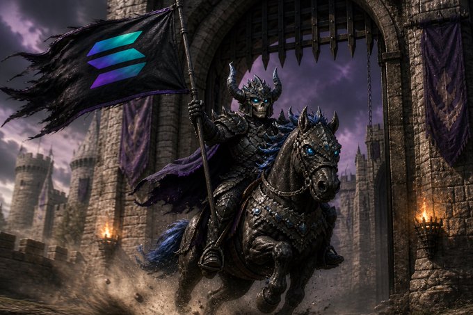 The image features a knight riding a horse through a castle gate with a banner that reads "SOLANA". The knight is wearing a helmet and holding a sword while riding the horse. The background of the image shows a castle, which adds to the medieval theme of the scene. The caption at the bottom of the image reads "Rise and shine, Solana!".