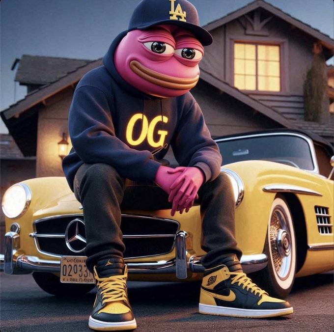 A digital illustration shows a pink Pepe the Frog character wearing an 'LA' cap, black 'OG' hoodie, and yellow/black Jordans, sitting on the hood of a yellow Mercedes-Benz classic car at dusk.
