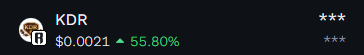 A cryptocurrency ticker image showing KDR at $0.0021 with a 55.80% price increase, featuring a three-star rating that appears to relate to the post discussing the coin's significant pump in value.