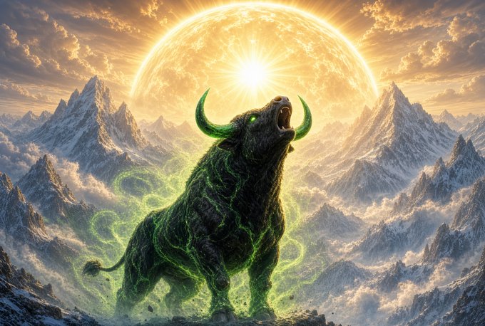 A fantasy digital illustration of a massive horned beast with glowing green energy emanating from its body, standing on a mountaintop before a brilliant sun and snow-capped peaks.