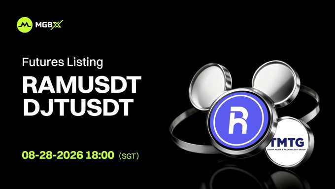 A promotional graphic from MGBX announcing the futures listing of RAMUSDT and DJTUSDT, scheduled to open on August 28, 2026 at 18:00 SGT. The image features the MGBX logo in the top-left and showcases 3D metallic coin designs representing the two tokens—one displaying a purple "R" for RAM and another showing "TMTG" alongside the DJT branding.