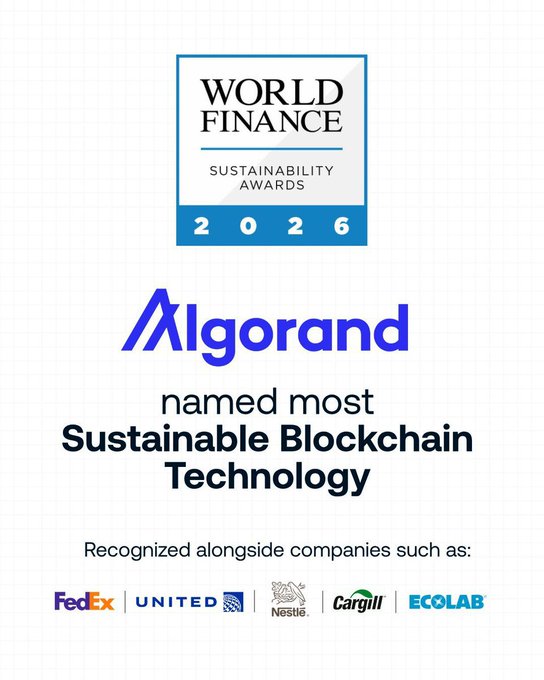 A World Finance Sustainability Awards 2026 graphic naming Algorand as the most Sustainable Blockchain Technology, recognized alongside FedEx, United, Nestle, Cargill, and Ecolab.