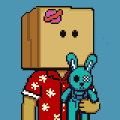 A pixel art character with a brown paper bag over its head featuring small eye holes, wearing a red floral Hawaiian shirt and holding a blue bunny plush.