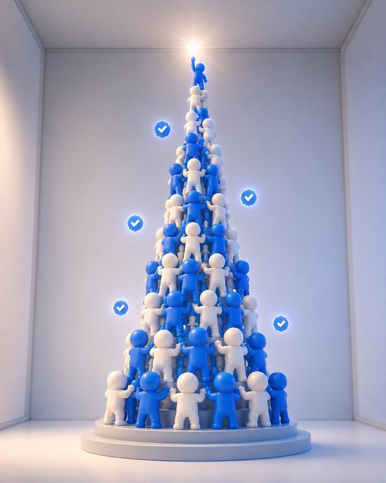 A 3D illustration shows a towering human pyramid made of blue and white figures stacked on a platform in a minimalist white room, with checkmark icons floating nearby and a glowing light at the apex.