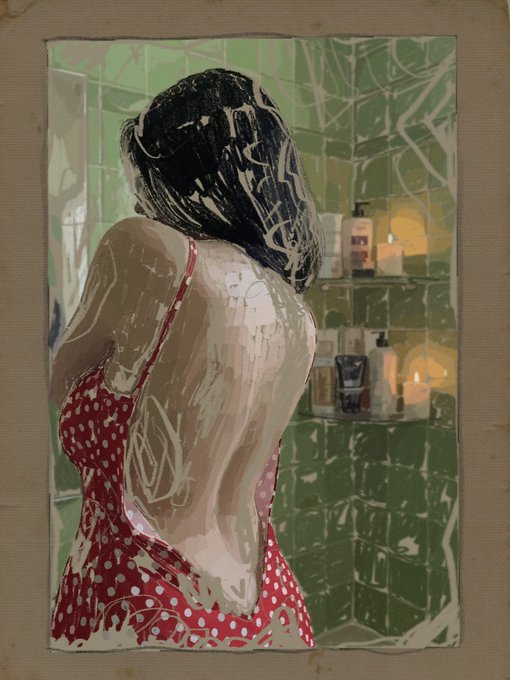 The image features a woman with her back facing the viewer, wearing a red dress with white polka dots. She appears to be standing in front of a mirror or looking at herself in a bathroom setting. The background includes a green tiled wall and shelves filled with various items such as bottles and candles.