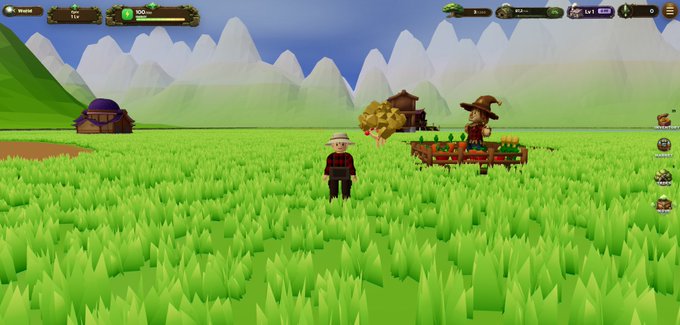 A screenshot of a farming simulation game showing a character in a green field with mountains in the background and another character with crops.