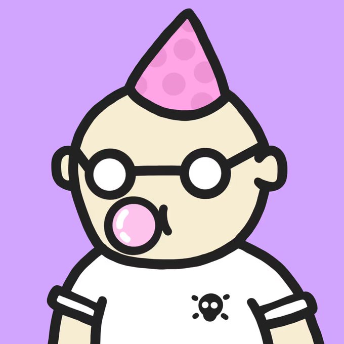 A cartoon baby wearing round glasses, blowing a pink bubblegum bubble, with a pink party hat, set against a purple background.
