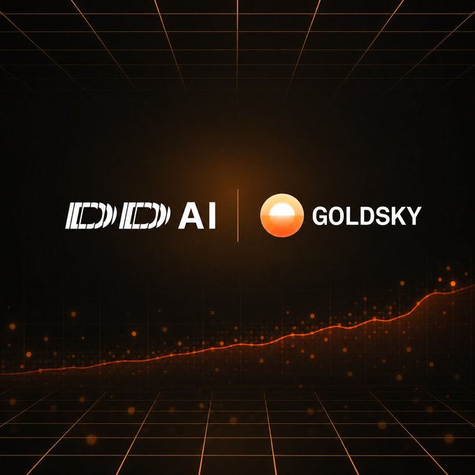 A dark digital banner with orange grid lines showing a partnership announcement between 'AI' and 'GOLDSKY' logos, with a rising line graph and glowing particles in the background.