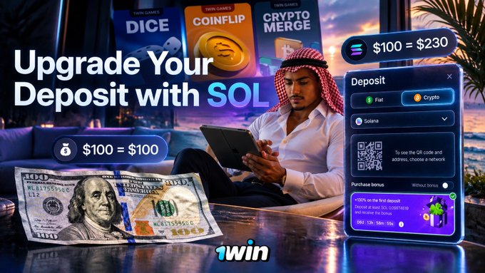 An advertisement shows a man in traditional Middle Eastern attire using a tablet, promoting '1win' with the text 'Upgrade Your Deposit with SOL', '$100 = $230', and 'DICE', 'COINFLIP', 'CRYPTO MERGE' game graphics.