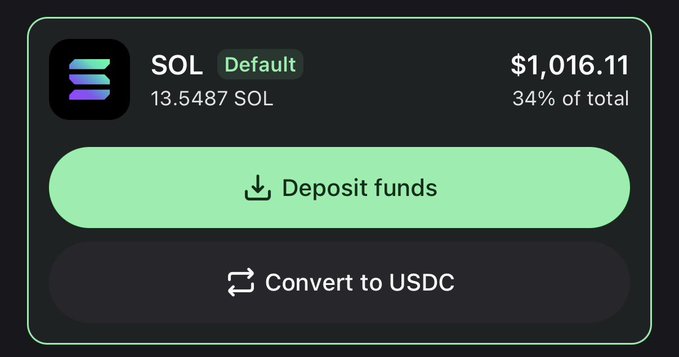A dark-themed cryptocurrency wallet interface displays a Solana (SOL) balance of 13.5487 SOL valued at $1,016.11, representing 34% of the total portfolio, with "Deposit funds" and "Convert to USDC" action buttons below. The image reflects the trader's post by showing their current SOL holdings after a rough morning of trading losses, motivating a shift toward more calculated, conservative moves to grow the balance back toward the 100 SOL goal.