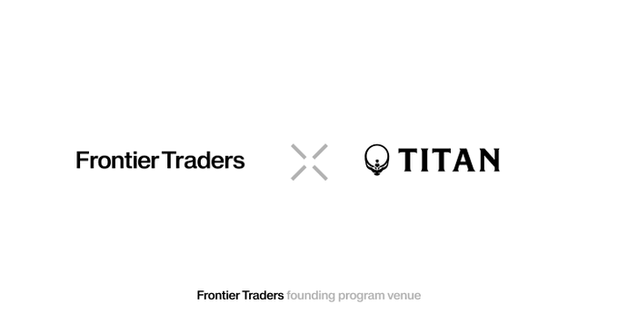 The image shows a graphic design that features the logos of Frontier Traders and Titan, two major companies in the trading industry. The logo for Frontier Traders has both "Frontier" and "Trading" written in black text on a white background, while the Titan logo also incorporates these elements. The website URL is also displayed below the designs.