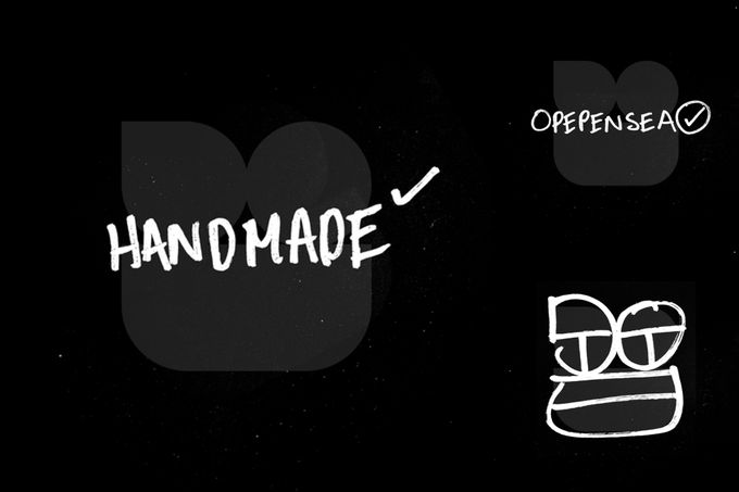 The image features a black background with white text that reads "Handmade" at the top, followed by three different logos or illustrations related to handmade items. The first logo shows a drawing of a hand holding a pencil, while the second logo displays an illustration of a person wearing glasses and a hat. The third logo is a drawing of a pair of sunglasses. These images are arranged in a row on the black background, creating a visually appealing layout that highlights the concept of handmade items.