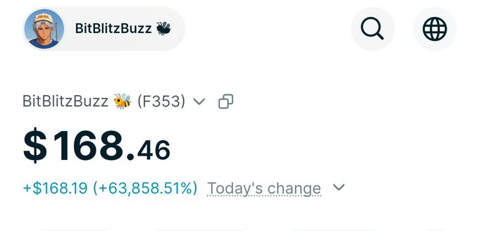 The image shows a stock/crypto tracker displaying "BitBlitzBuzz 🪰 (F353)" with a value of $168.46, marking a gain of +$168.19 (+63,858.51%) for today's change. This dramatic surge aligns with the post's celebration of "web3" delivering massive gains, humorously suggesting the meme-style ticker is proof of web3's winning potential.