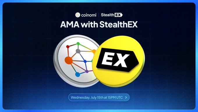 The image is a promotional graphic for an "AMA with StealthEX" hosted by Coinomi, scheduled for Wednesday, July 15th at 15PM UTC, featuring the Coinomi and StealthEX logos. It serves as a visual announcement for the live Twitter Space session where participants can win a share of $100 USDT.