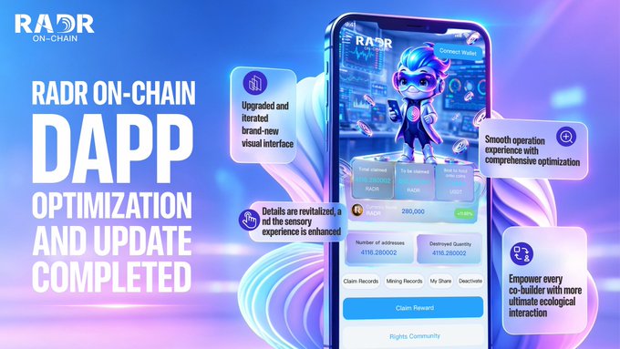 A promotional graphic for RADR On-Chain Radar announces the completion of its DApp optimization and update, featuring a smartphone displaying the upgraded interface with a blue-mascot character, wallet balance of 2,866.00 RADR, and stats showing 4118.280002 addresses and quantity. Surrounding callout bubbles highlight key improvements including an upgraded visual interface, smoother operation, revitalized details, and enhanced co-builder ecological interaction.