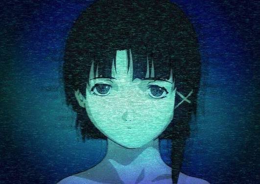 Close-up anime artwork of a young girl with short black hair and an 'X' mark on her cheek, depicted with a grainy, textured filter in blue and teal tones.