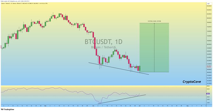 A BTC/USDT daily chart showing price consolidating near lows with a lower trendline, accompanied by an RSI indicator below displaying a clear bullish divergence where price made lower lows while RSI made higher lows, supporting the post's claim that Bitcoin's bottom may be in.