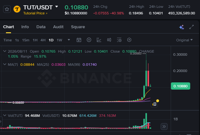 A Binance cryptocurrency chart displays the TUT/USDT trading pair at $0.10880, showing a sharp upward spike with a 24-hour change of -40.98%.