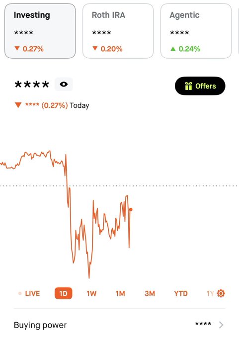Financial app interface showing portfolio categories (Investing, Roth IRA, Agentic) with a line chart indicating a -0.27% loss today, displayed in red.