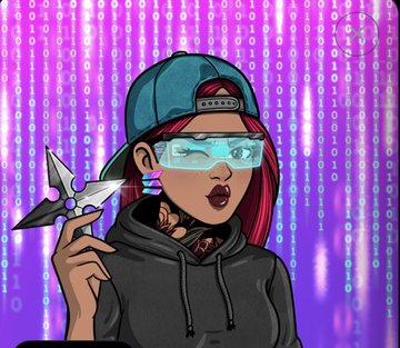 A stylized digital illustration of a woman with red hair, a backwards blue cap, VR-style glasses, and a black hoodie, holding a small shuriken, with a binary code background in purple and pink tones.