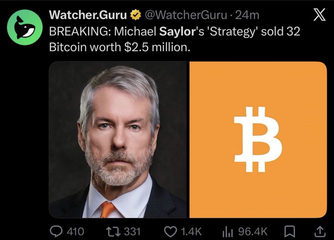 The image features a man with a beard wearing a suit and tie, standing against a black background. The man's face appears next to an orange logo that says " Bitcoin". Below the man's profile picture, there is a text block stating "Saylor bricht sein Versprechen. Ich weiss, dass ist nichts. ABER: Er hat sein Wort gebrochen und so fängt das eben an. Ganz ehrlich: Keine Ahnung was er vor hat, aber wenn Du bei 120'000$ Bitcoin kaufst um dann bei 70'000$ im Verlust zu verkaufen, dann ist das der ERSTE".