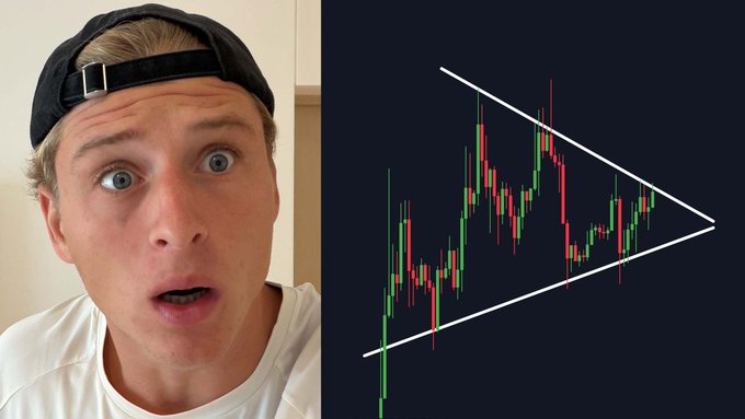 A surprised man with a backwards black cap reacts next to a candlestick chart showing a symmetrical triangle pattern, illustrating the YouTube video's claim that "99% of traders will miss this #Bitcoin move."