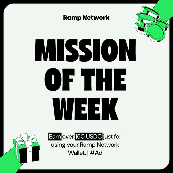 A promotional graphic for 'Ramp Network' declares 'MISSION OF THE WEEK' in large black text, offering 'over 150 USDC' for using the Ramp Network Wallet, decorated with green poker chips and a gift box.