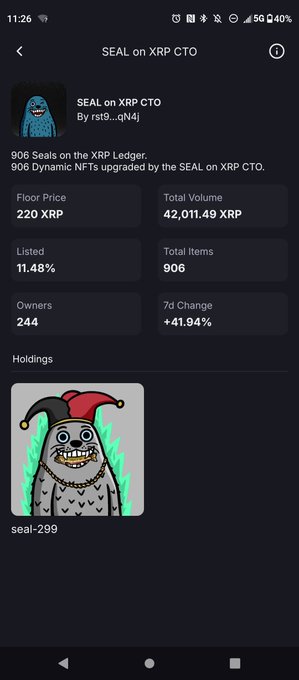 A mobile app screenshot displaying an NFT collection called 'SEAL on XRP CTO' with stats including a floor price of 220 XRP, total volume of 42,011.49 XRP, and 906 items.