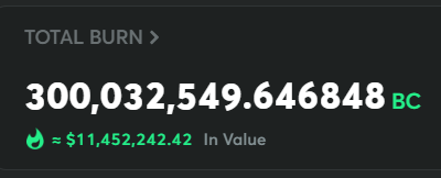 A screen displays a 'TOTAL BURN' of 300,032,549.646848 BC, valued at approximately $11,452,242.42.