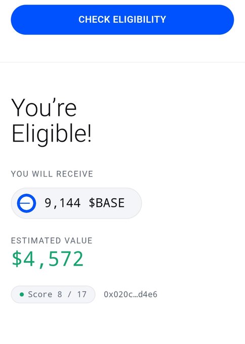 Mobile screen showing a 'CHECK ELIGIBILITY' result indicating the user is eligible to receive 9,144 $BASE tokens with an estimated value of $4,572.