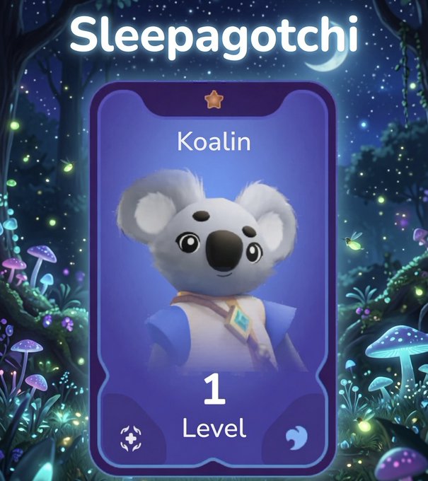 A Sleepagotchi app screen showing a Level 1 koala character named 'Koalin' in a magical forest setting.