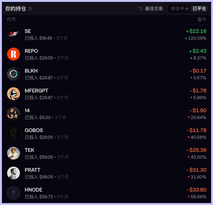 A Chinese-language crypto portfolio tracker screenshot showing 9 holdings, with only 'SE' (+$22.16) and 'REPO' (+$2.43) in profit, while others like 'BLKH', 'MFERGPT', '14', 'GOBOS', 'TEK', 'PRATT', and 'HNODE' show losses.