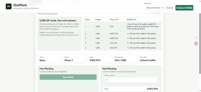 The image shows a screenshot of a webpage featuring an Open tab that displays information about an online marketplace called Oneplantart. This platform allows users to sell items for plant coins or ether, which can be converted into fiat currency at any point during their lifecycle. The webpage also provides details on the different phases involved in the planting process and offers instructions on how to use the app effectively. The post mentions that someone is currently sweeping the NFTs in the second stage of entry: oneplantart.github.io/?tab=planting, which means they are actively engaging with this marketplace. The image also highlights a quote about a coin named 0x439f40d8651080175e071bbe1dc4c92dcad7c1a Farm it or not, up to you, watch out for risks and stay informed.