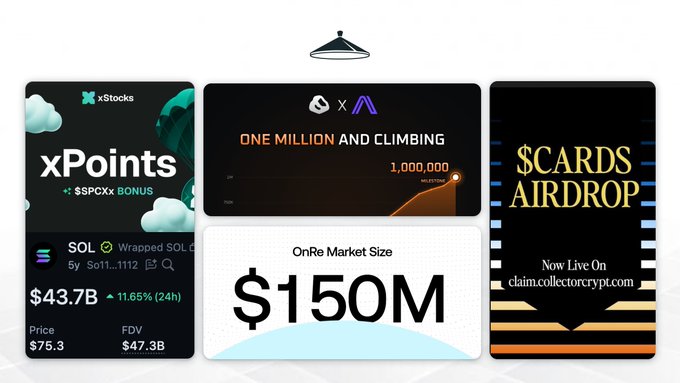The image shows four signs for cryptocurrency trading apps placed side by side. The top left sign displays "xpoints" with a price of $43.7B, while the next right one reads "SOLANA @kamino OnRe Market has now crossed !" referring to the $150 million in total market size on Kamino. The middle sign offers a 20% boost if you hold at least 100K worth of cryptocurrency. Below this is another app titled "zinc cash hit 1 million computations on the @Arcium network, becoming".