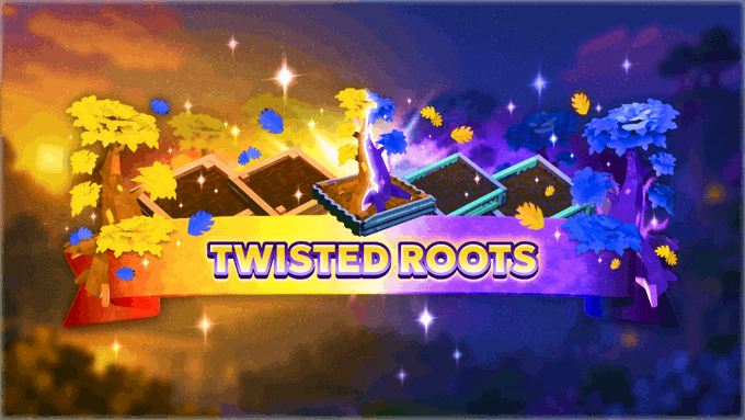 A colorful, stylized logo for 'TWISTED ROOTS' featuring purple and orange trees with golden leaves framing a layered book or platform design, set against a dreamy cosmic background with sparkles.