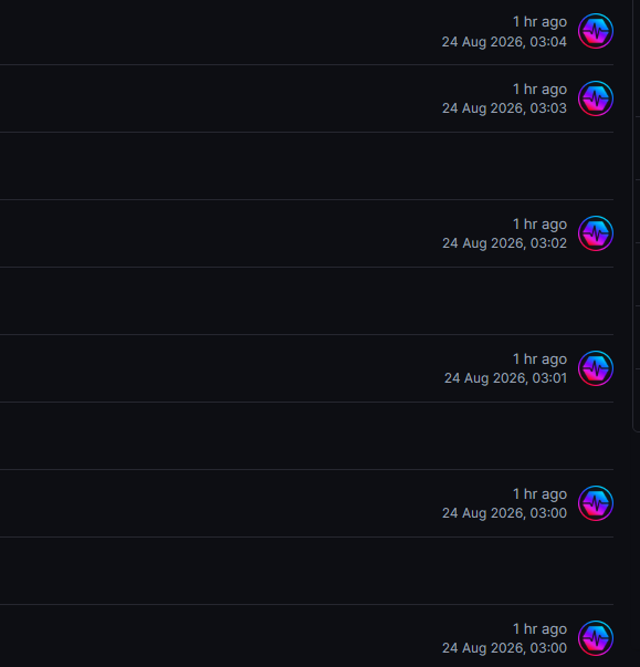 The image shows a transaction history list on PulseChain, displaying multiple entries dated "24 Aug 2026" with timestamps ranging from "03:00" to "03:04," all marked as "1 hr ago" and accompanied by identical purple/pink profile icons. This relates to the post highlighting active PulseChain "trenches" trading activity, with the user's quant tracker capturing the rapid sequence of transactions occurring within minutes of each other.