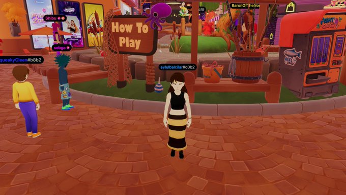 A 3D virtual world scene labeled 'How To Play' featuring avatars including one named eyelubacillax (#3b22), with other users like Shibu, queakyCleans, and BerronOfTheIdiot visible in a colorful game environment.