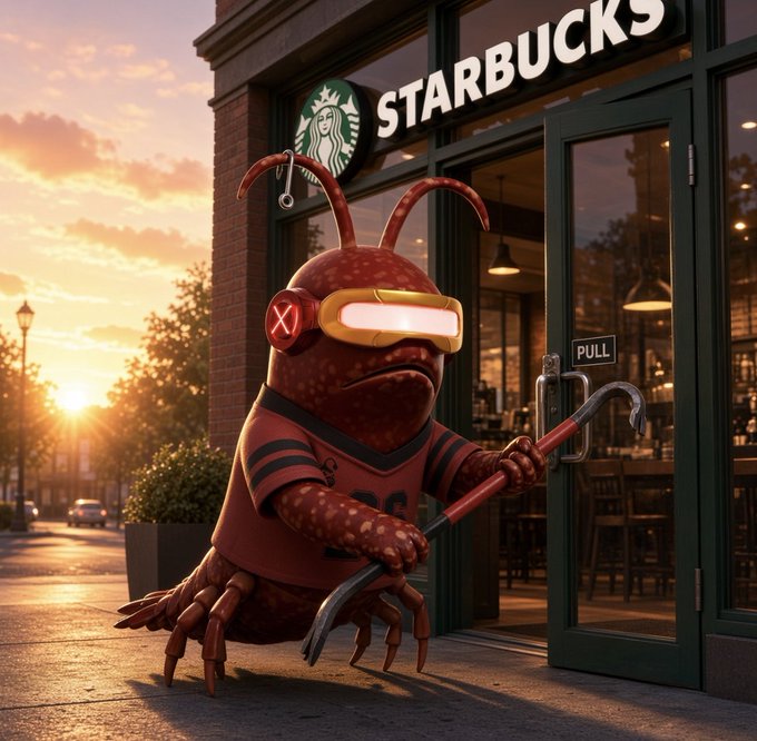 A stylized red ant-like creature wearing a VR headset and carrying a crowbar stands outside a Starbucks storefront at sunset, with a "PULL" sign visible on the door.