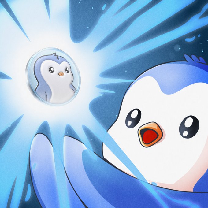 A colorful illustration of a cute blue and white penguin-like character with its mouth open in excitement, next to a smaller version of itself inside a bubble against a blue splash background.